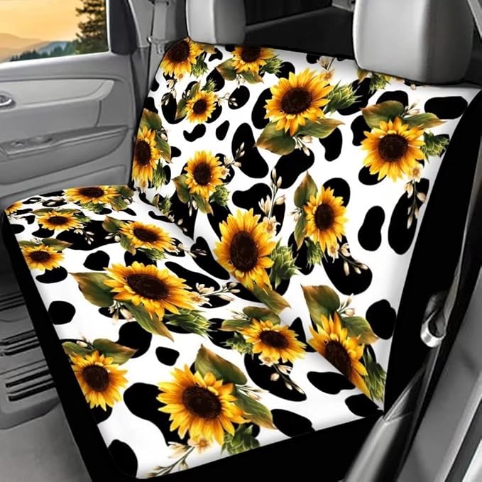 Doojoayie Sunflower Cow Print Car Rear Seat Covers Auto Back Seat Protector Decoration Non-Slip Mat Flat Cloth Vehicles Rear Bench Cover Gift for Women Men 2pcs