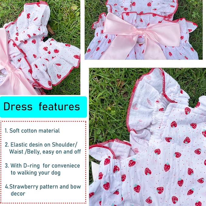 ANIAC Strawberry Dog Dress for Small Medium Dog Cotton Puppy Clothes Girl Dog Princess Dress Sleeveless Cat Outfit Bow Summer Pet Clothing (Strawberry