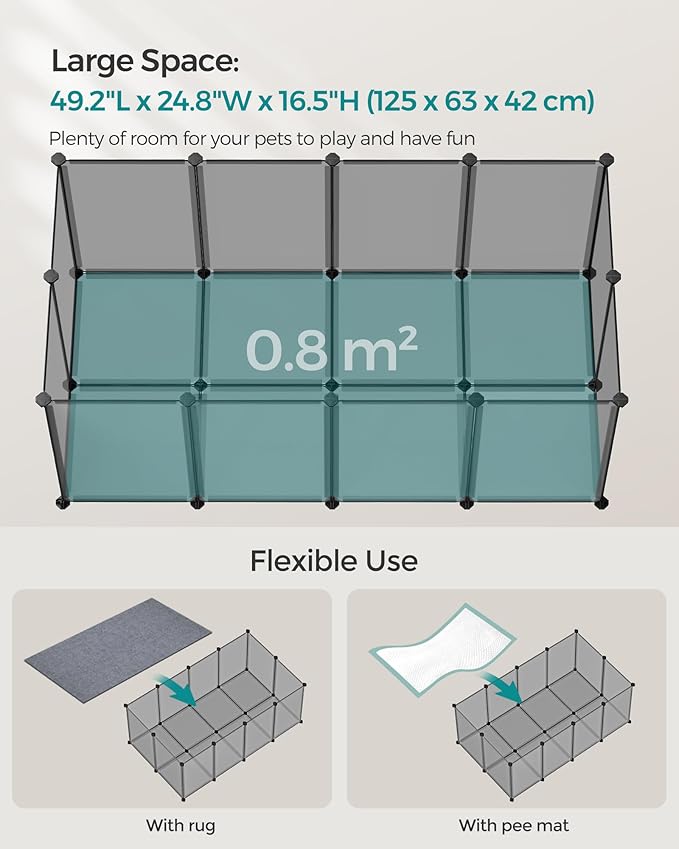 SONGMICS 20 Panels Pet Playpen with Floor, Small Animal Playpen, Pet Fence Indoor, DIY Plastic Enclosure for Guinea Pigs, Bunny, Hamsters, Hedgehogs, 49.2 x 24.8 x 16.5 Inches, Gray ULPC001G01