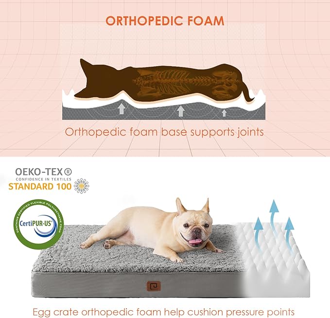 EHEYCIGA Orthopedic Foam Dog Bed for Large Dogs 35"L x 23"W x 3.5"Th, Light