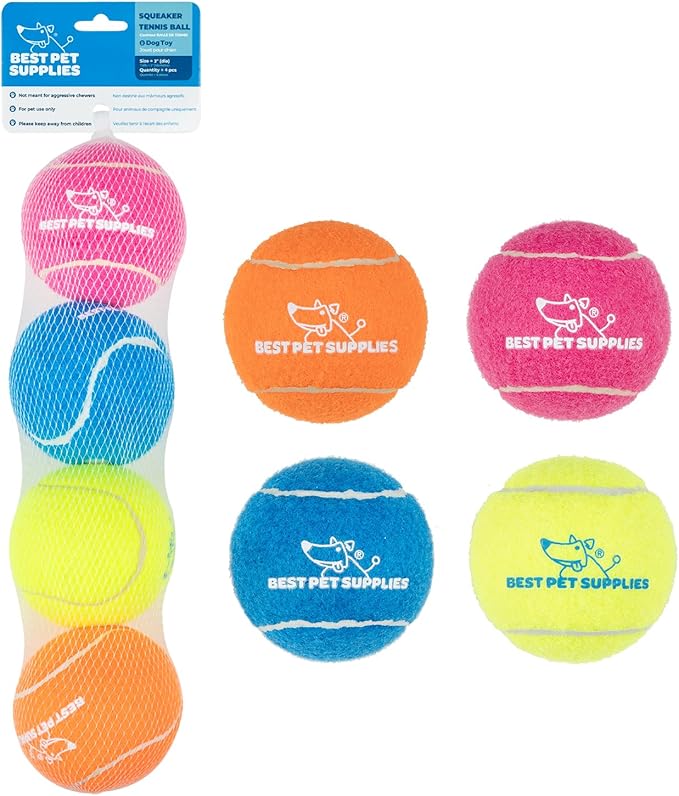 Best Pet Supplies Squeaky Tennis Toys for Dogs, 4-Pack, Heavy-Duty Interactive Pet Toys for Throwing and Fetching, Supports Exercise and Natural Behavior Training, Durable - Large