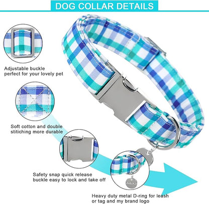 Blue Plaid Summer Cotton Dog Collar with Metal