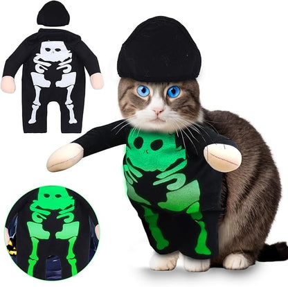 Dog Costume Halloween Skeleton Skull Outfit and Hat for Cats,Glow in The Dark Small Dog Clothes,Funny Puppy Pet Cloth for Small Doggie Dog Toys