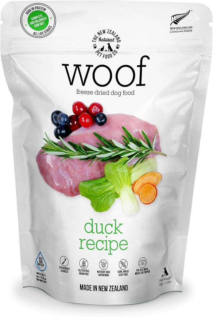 WOOF Freeze Dried Dog Food - Duck Recipe, High Protein Dog Food, Natural Dog Treats, Toppers & Meals, 2.2 lb