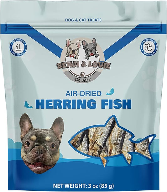 Benji & Louie Air Dried Herring Fish for Dogs and Cats - Natural Healthy Dog and Cat Treats, Single Ingredient, 3 oz