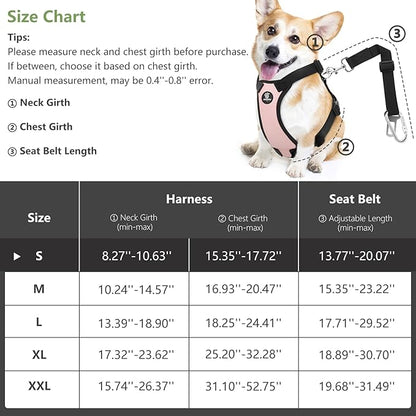 Dog Vehicle Safety Vest Harness, Adjustable Soft Padded Mesh Car Seat Belt Leash Harness with Travel Strap and Carabiner for Most Cars, Small Size, Pink