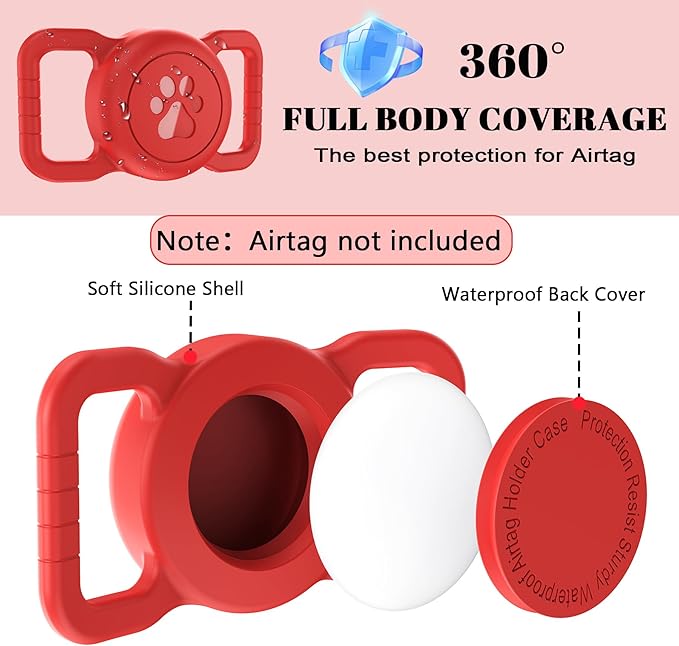 SANKALA Airtag Dog Collar Holder, [1 Pack] Waterproof Dog Airtag Holder, Silicone Full Body Covered Anti-Lost Protective Apple Air Tag Holder for Pet Collar - Fits All Width Collars, Red