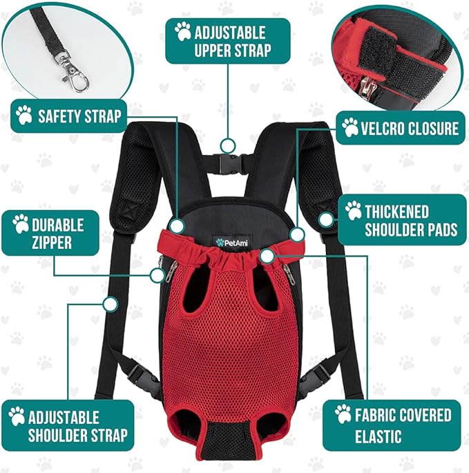 PetAmi Dog Carrier Backpack, Adjustable Dog Pet Cat Front Carrier Backpack | Ventilated Dog Chest Carrier for Hiking Camping Travel, Sling Bag for Small Medium Dog Cat Puppies, Large, 12-16 lbs, Red