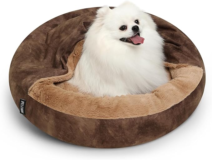 Cozy Soft Dog Bed with Hooded Blanket Warm Calming Cat Cave for Small Medium Dogs and Cats 23x23x6″