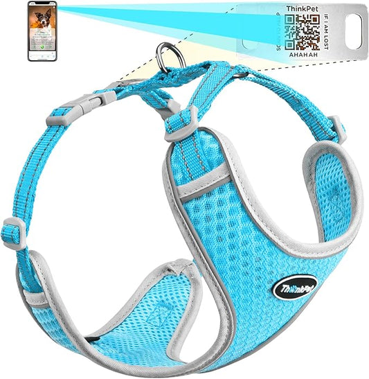 ThinkPet Reflective Breathable Soft Air Mesh with QR Code Dog Tag Puppy Choke Free Over Head Vest Harness for Puppy Small Medium Dogs and Cats Medium Light Blue