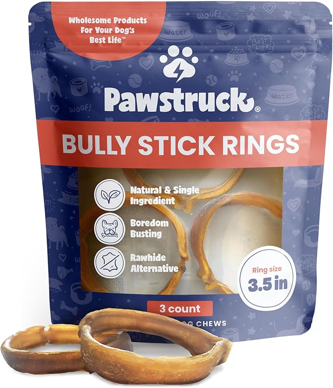 Pawstruck Natural 3.5" Bully Stick Rings for Dogs - Rawhide Free 100% Beef Single Ingredient Dental Chew Treat Bones - Fully Digestible Low Odor - 3 Pack - Packaging May Vary