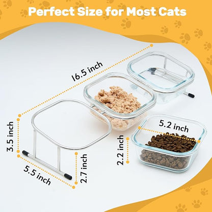 Elevated Cat Bowls, 15° Tilted Glass Raised Cat Food Bowl with Stainless Steel Stand, 3 Glass Cat Bowls and 4 Anti Slip Feet, Suitable for Cats and Little Dogs