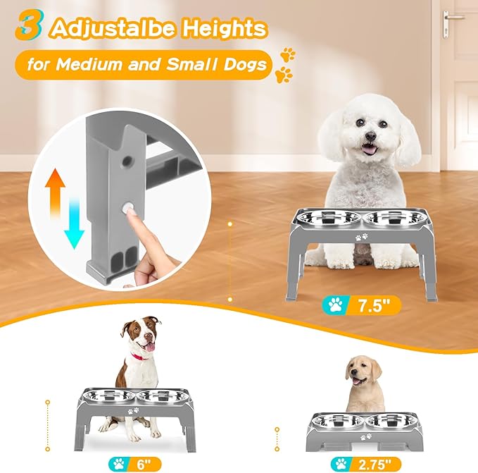 Elevated Dog Bowls for Small Medium Dogs 3 Height Adjustable Raised Dog Bowl Stand with 2 Thick 6" Stainless Steel Dog Food Bowls Non-Slip Dog Feeder Adjusts to 2.75", 6", 7.5", Grey