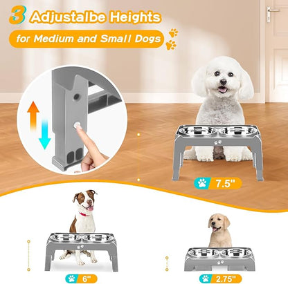 Elevated Dog Bowls for Small Medium Dogs 3 Height Adjustable Raised Dog Bowl Stand with 2 Thick 6" Stainless Steel Dog Food Bowls Non-Slip Dog Feeder Adjusts to 2.75", 6", 7.5", Grey