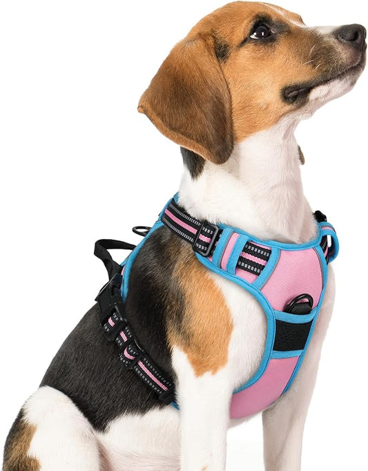 rabbitgoo Dog Harness, No-Pull Pet Harness with 2 Leash Clips, Adjustable Soft Padded Dog Vest, Reflective No-Choke Pet Oxford Vest with Easy Control Handle for Large Dogs, Pink & Blue, M