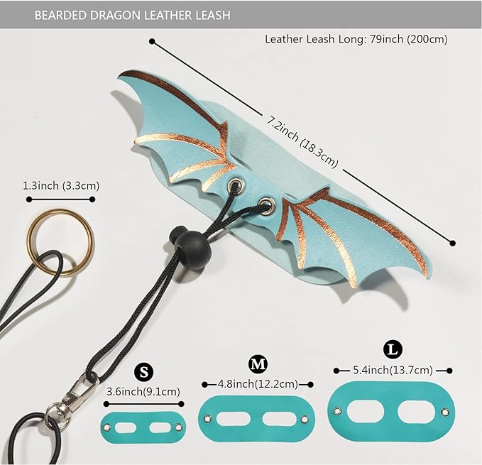 Bearded Dragon Leash and Harness Set, Beardie Blue Carrier, Lizard Adjustable Harness with Leather Wings and Sling Bag, Reptile Small Pet Backpack Batwing Accessories for Outdoor Travel Walking Rest