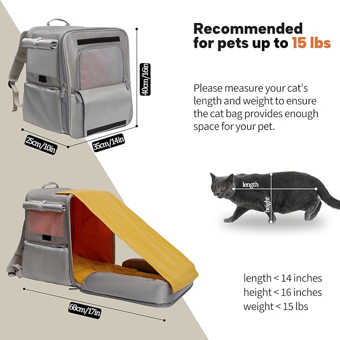 Tall & Expandable Cat Carrier Backpack - 14x10x16 Inches, Expands to 27 Inches, Pet Travel Carrier with Detachable & Washable Cushion, Light-Gray