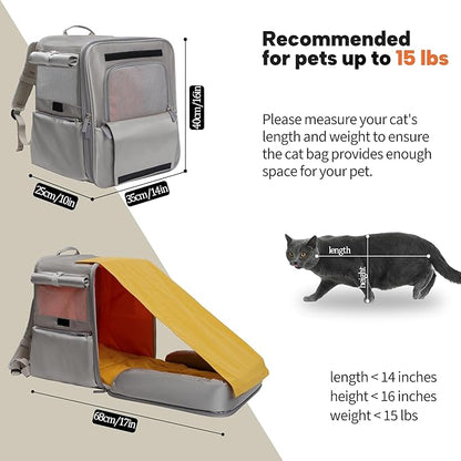 Tall & Expandable Cat Carrier Backpack - 14x10x16 Inches, Expands to 27 Inches, Pet Travel Carrier with Detachable & Washable Cushion, Light-Gray