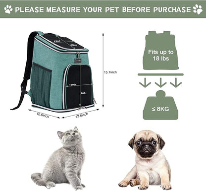 BAGLHER Cat Backpack Carrier, Mesh Pet Cat Carrier for Medium Small Dog Cat Puppy Kitten Bunny up to 18lbs, Dog Travel Backpack for Picnic Hiking Walking Cycling, Green