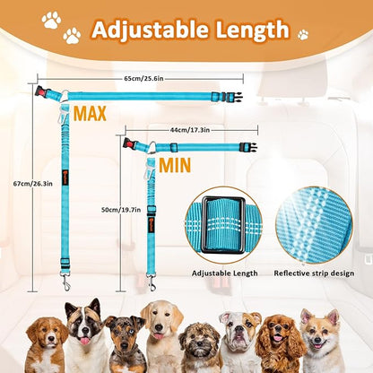 Removable Dog Seat Belts Harness for Car, 3 in 1 Pet Dog Car Seatbelt Leash, laqibak Restraint Secures to Headrest and Reflective Effect Adjustable Bungee Dog Seatbelt Tether, 2PCS and Poop Bag Holder