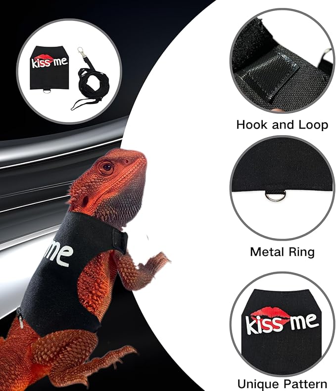 Bearded Dragon Leash and Harness Adjustable - Unique Pattern Lizard Cloth Escape Proof Harness with Leash for Walking Outdoor (Black)