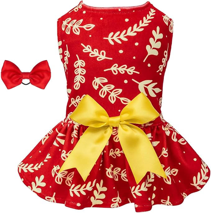 CuteBone Dog Dresses Velvet Holiday Small Dogs Clothes Onesie Pet Apparel Girl Puppy Skirt with Bow Hair Rope CVA30XS