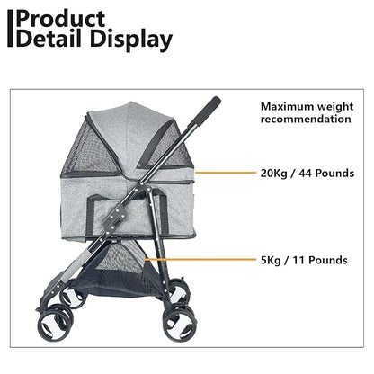 3-in-1 Dog Stroller for Medium Dogs 2 Dogs/Cats, 44lbs(Grey)