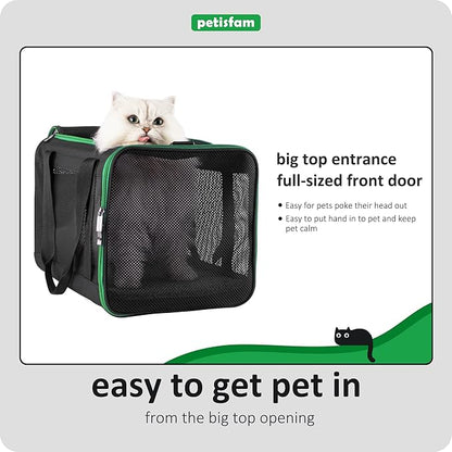 petisfam Easy Load Pet Carrier Bag for Medium or Large Cats with Durable Double-Thickness Fabric and Stable Structure. Black w/Green Trim, L