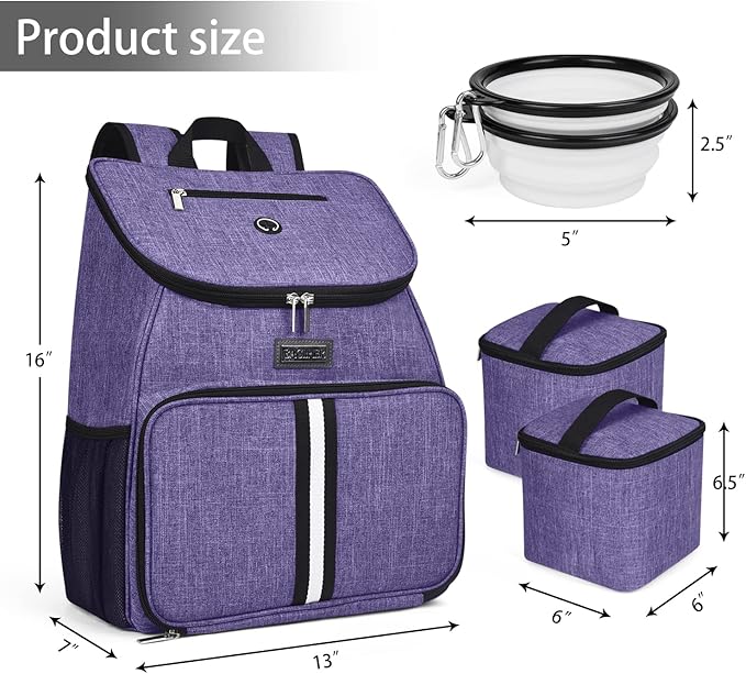 BAGLHER丨Dog Travel Bag, Airline Approved Pet Supplies Backpack, Dog Travel Backpack Accessories Set with 2 Silicone Collapsible Bowls and 2 Food Baskets. Purple