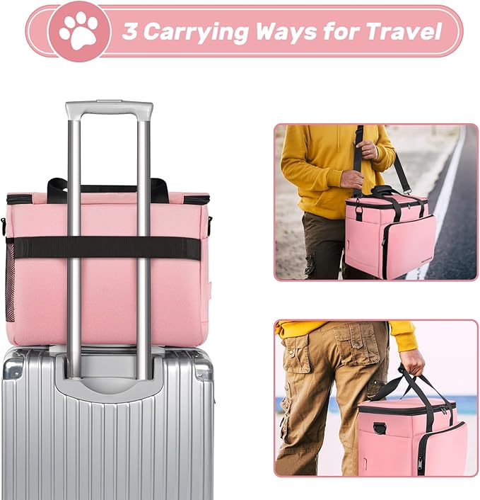 6 Set Dog Travel Bag, Large Pet Travel Kit for Supplies, Includes 2 Food Containers, 1 Travel Organizer for Dogs, 2 Collapsible Bowls, 1 Treat Pouch, Pink Dog Mom Gifts for Women