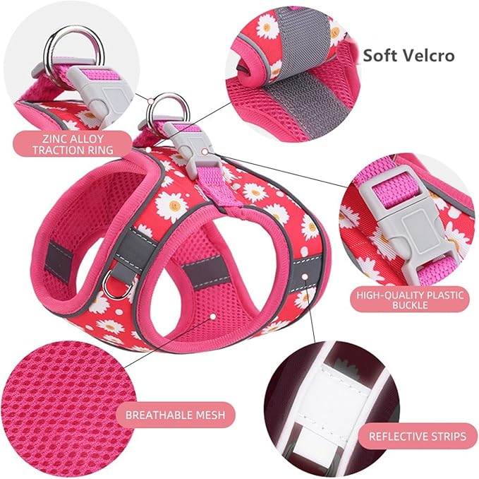 Step in Dog Harness No Pull Flower Adjustable Soft Mesh Padded Reflective Velcro Pet Vest Harness and Leash Set for Small Medium Dogs