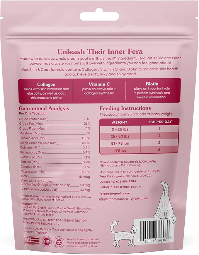 Fera Pet Organics Skin & Coat Goat Milk Cat & Dog – Vet Created - Pet Coat Thickness & Skin Hydration - Collagen, Biotin & Vitamin C - 60 Servings