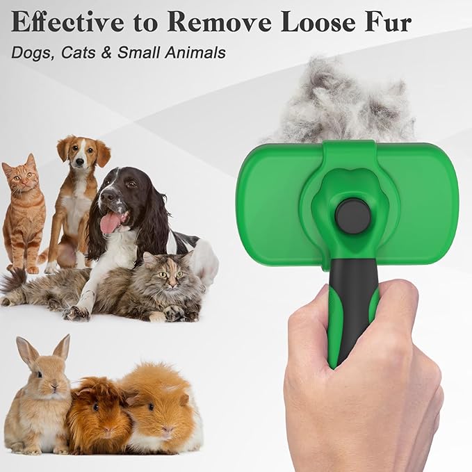 Swihauk Self Cleaning Slicker Brush for Dogs & Cats - Skin Friendly Deshedding Brush for Long and Short Haired Pets, Grooming Brush, Green