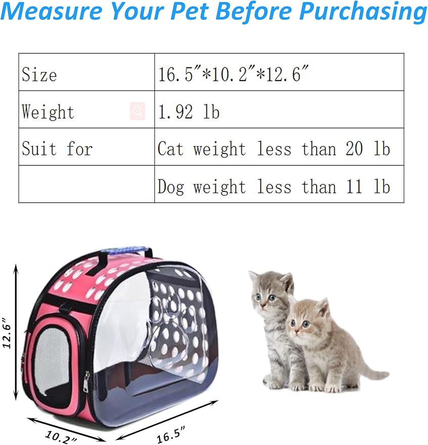 Cat Carrier Collapsible Breathable Package,Space Capsule Transparent Portable Bags Foldable Handbag for Pets Dogs Kitten Puppies,Designed for Travel, Hiking, Walking & Outdoor Use (Pink)