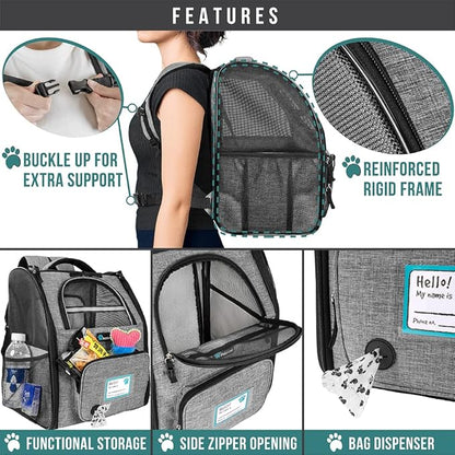 PetAmi Dog Cat Backpack Carrier, Expandable Pet Carrier Backpack for Travel Hiking, Small Medium Dog Puppy Large Cat Carrying Backpack, Airline Approved Ventilate Soft Back Support, 18 lbs, Light Gray