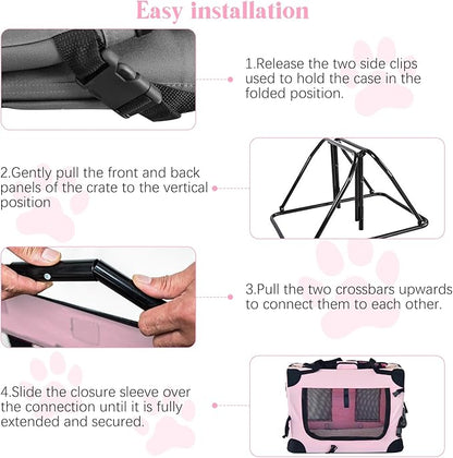 PET Foldable Dog Crate Folding Soft Dog Crate with Carrying Bag Dog Home & Dog Travel Crate Indoor & Outdoor Pet Home (Pink L-30 L 20" W 19" H)