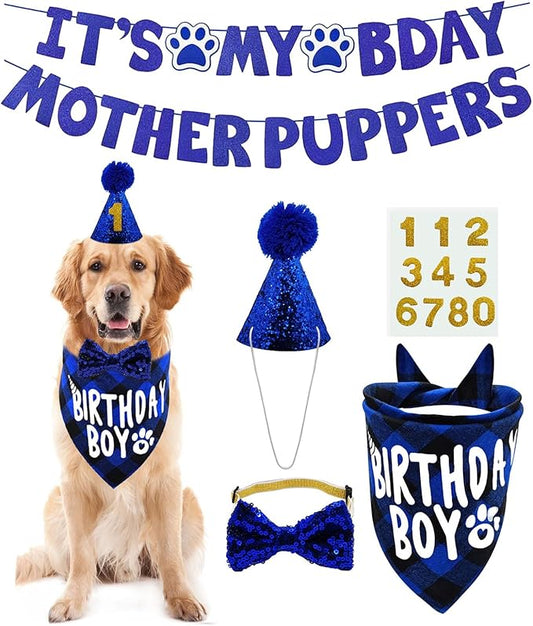 Dog Birthday Party Supplies, LMSHOWOWO Multi Sizes Dog Birthday Bandana Boy Dog Birthday Hat Bow Tie Numbers It’s My Bday Mother Puppers Sign Banner for Medium Large Dogs Pets Birthday (Large, Blue)