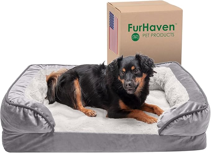 Furhaven Cooling Gel Dog Bed for Medium/Small Dogs w/ Removable Bolsters & Washable Cover 35 lbs