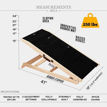 Woohoo Dog Ramp for Bed- 18" Extra Wide - Non-Slip Rubber Surface - Folding Wooden Pet Ramp for Bed and Couch - Dog Ramp for Large, Small, Old Dogs - Adjustable from 13" to 24" - Rated for 250LBS