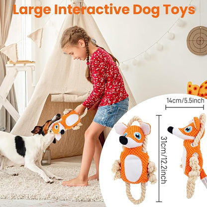 Interactive Dog Toys for Large Dogs, Plush Tug of War Dog Toy to Keep Them Busy, Squeaky Tough Dog Chew Toys for Boredom, Dog Teething Toys for Small, Medium & Large Dogs (Fox)