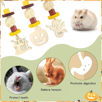 Abizoo Halloween Guinea Pig Chew Toys,3 Pcs Rabbit Toys Hamster Bunny Treats Wood for Chinchilla Rat Chew Toys Hanging Halloween Themed Decor Cage Accessories for Small Animals Teeth Enrichment Gifts