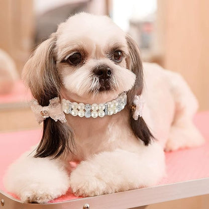 Small Dog Collars for Female Dogs, Pearl Dog Collar Leash Set Cute Pu Leather Cat Necklace with Crystal Rhinestone Diamond for Puppy XS Small Medium Dogs Wedding & Birthday Party Purple L