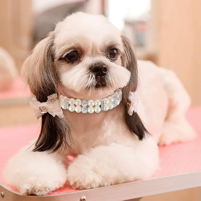 Pink Pearl Dog Collar, Pearl Cat Collar PU Leather Female Dogs Necklace with Crystal Diamond Rhinestone Jewlled for Small Medium Dogs Wedding & Birthday Gift, M