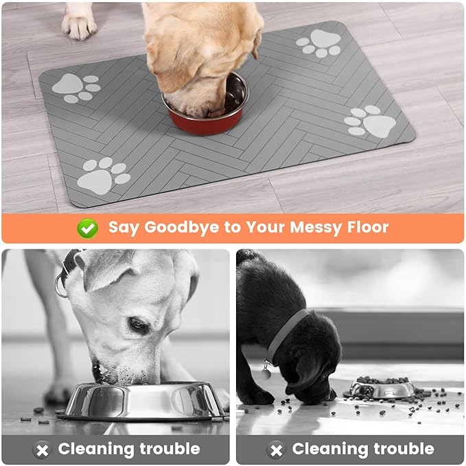 Pet Feeding Mat-Absorbent Pet Placemat for Food and Water Bowl, with Waterproof Rubber Backing, Quick Dry Water Dispenser Mat for Dog and Cat (17"x27", Striped Light Gray)