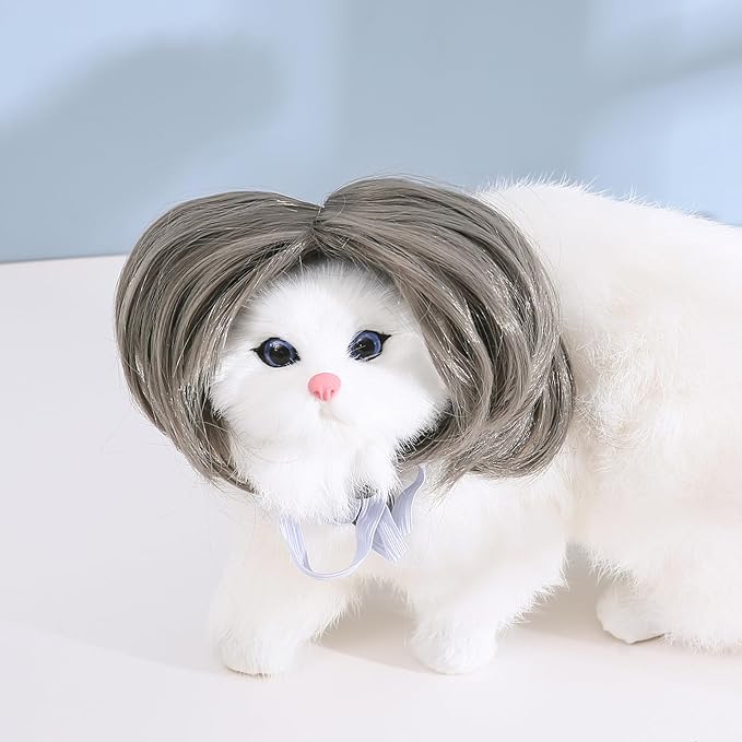 Funny Dog Cat Cosplay Wig, Headwear Apparel Toy, Pet Costumes, Cat Dress up for Halloween, Christmas, Parties, Festivals, Dog Wigs for Small Medium and Large Dogs (Dark Grey)