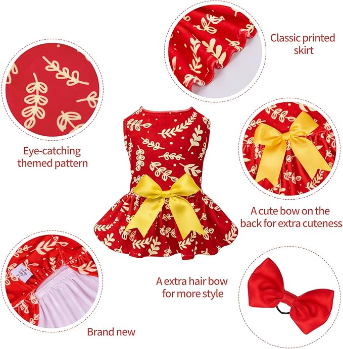 CuteBone Dog Dresses Velvet Holiday Small Dogs Clothes Onesie Pet Apparel Girl Puppy Skirt with Bow Hair Rope CVA30XS