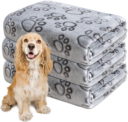 1 Pack 3 Dog Blankets for Medium Dogs, Soft Fleece Dog Blanket Fluffy Pet Blanket Warm Sleep Mat Grey Cute Paw Print Puppy Cat Blanket, Flannel Throw for Washable Dog Bed, Blanket for Dogs, 41"X31"