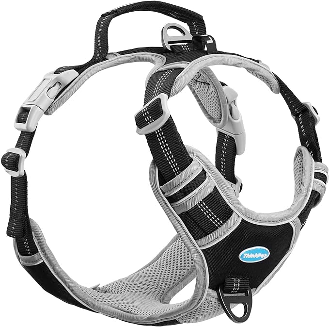 ThinkPet No Pull Harness Breathable Sport Harness with Handle-Dog Harnesses Reflective Adjustable for Medium Large Dogs,Back/Front Clip for Easy Control L Black