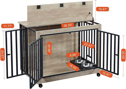 Okak Dog Crate Furniture Side Table Wooden Dog Crate with 2 Feeding Bowls on Casters Heavy-Duty Dog Kennel Indoor for Medium/Large Dog Opening,Grey,38.58" W
