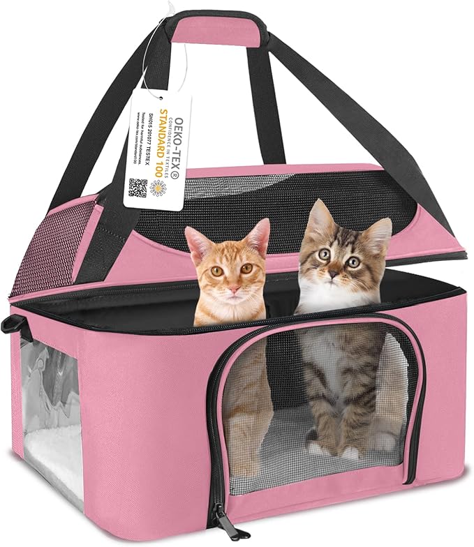 Large Cat Carrier for 2 Cats, Oeko-TEX Certified Soft Side Pet Carrier for Cat, Small Dog, Collapsible Travel Small Dog Carrier, TSA Airline Approved Cat Carrier for Large Cats 20 lbs-Pink